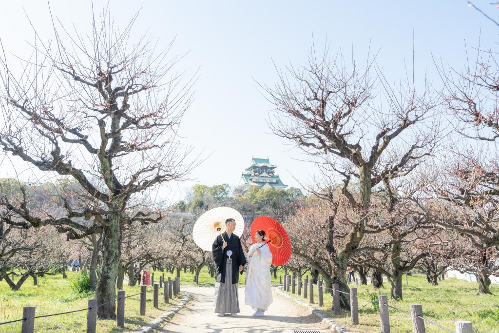 大阪・堺の前撮りフォトスタジオ「ブランフルール」 大阪城公園梅林の和装のロケーション前撮り_5