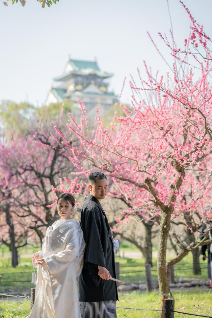 大阪・堺の前撮りフォトスタジオ「ブランフルール」 大阪城公園梅林の和装のロケーション前撮り_7