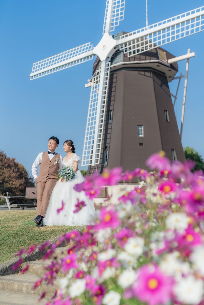 大阪・堺の前撮りフォトスタジオ「ブランフルール」 大阪鶴見緑地公園の洋装のロケーション前撮り_12